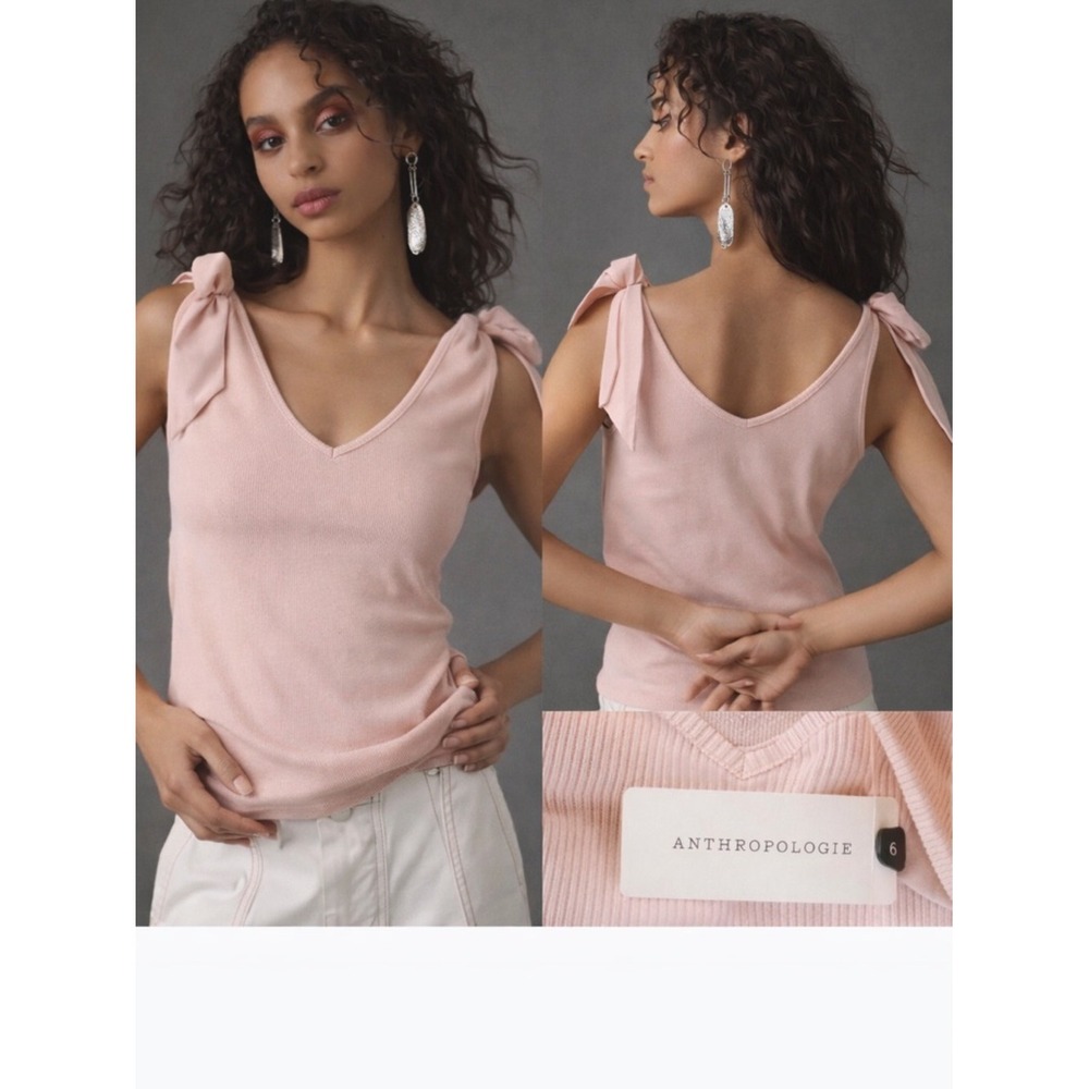 Maeve Anthropologie Pink Ribbed V-Neck Tank Top with Tie Shoulder Bows Small